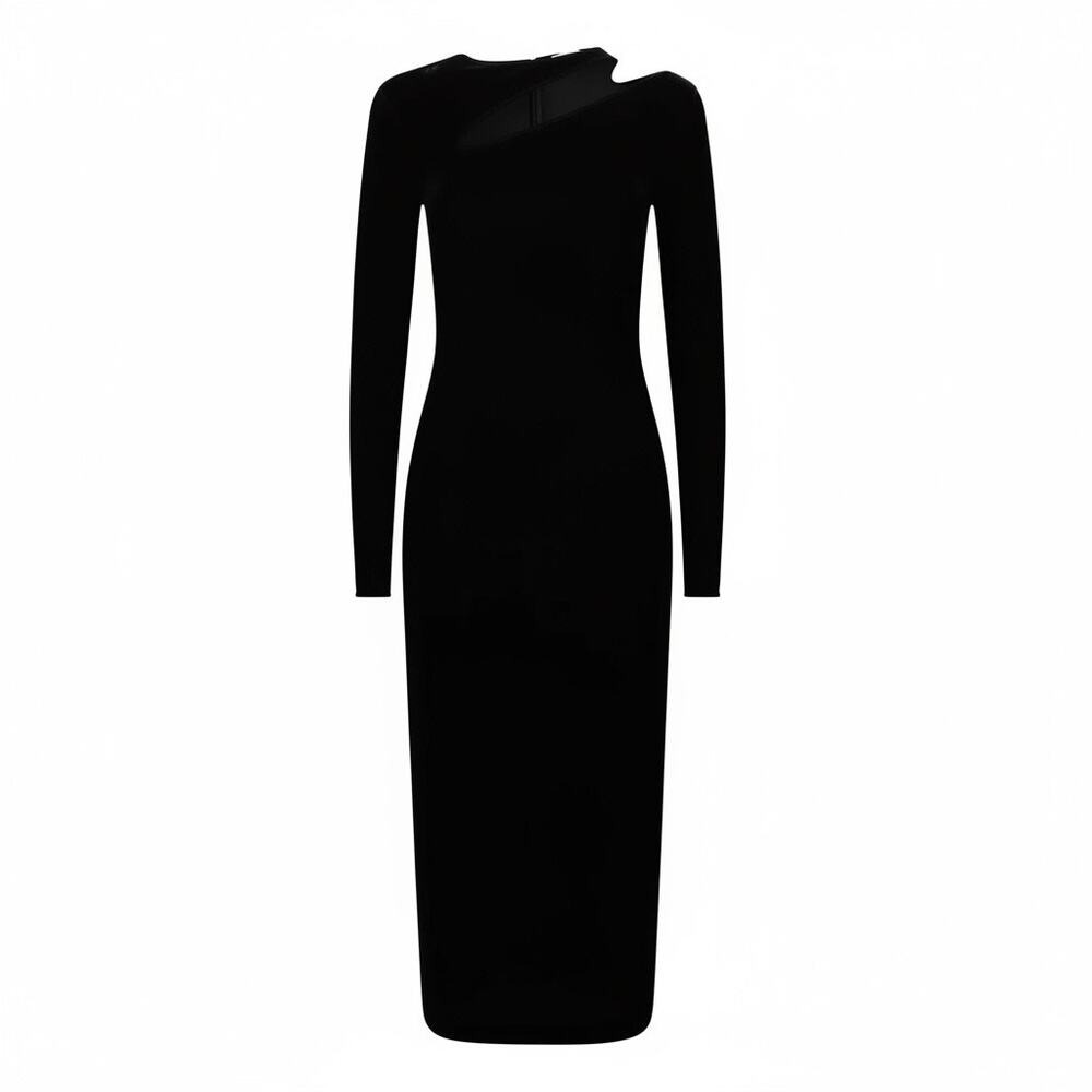 Reiss Dress Size 2 Black Macey Velvet Asymmetric Cutout Long Sleeve Midi Bodycon